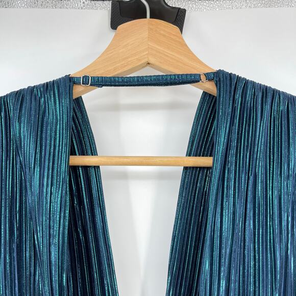Sabina Musayev | Maxim Top Dark Ocean Metallic Pleated V-Neck Peplum Blouse L - Picture 8 of 11